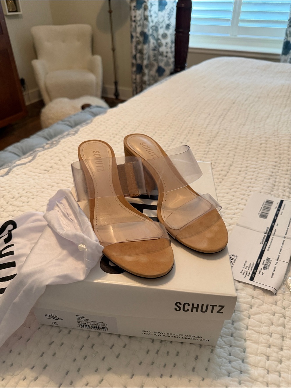 SCHUTZ Tan Leather Mules with Clear Double Straps